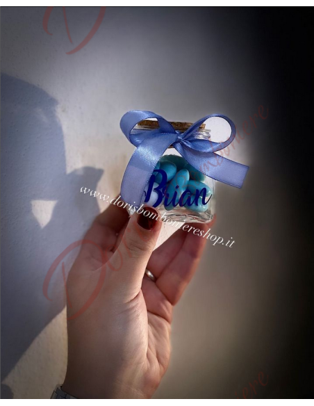 Bomboniera Barattolo portaconfetti in vetro con tappo in sughero con personalizzazione Bomboniera Barattolo portaconfetti in vetro con tappo in sughero con personalizzazione