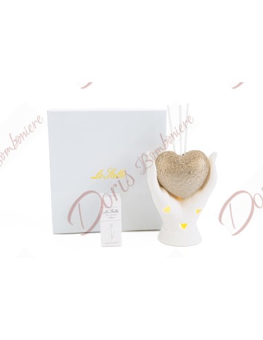 Bomboniere originali significative mani con cuore in porcellana bianco e oro utili profumatore con led