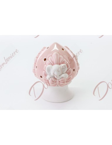 Bomboniere battesimo bimba pumo pugliese bianco e rosa con elefantino in ceramica