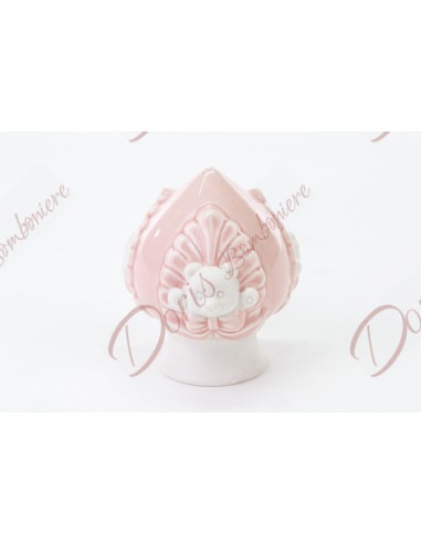 Bomboniere pumo pugliese orsetto bianco e rosa econonica in caramica 7x7x8 cm