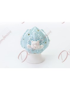 Bomboniera pumo pugliese azzurro e bianco con orsetto a led in ceramica 11x11x13 cm