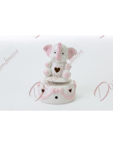 Baby Elephant Baptism Music Box Favors in White and Pink Porcelain 9x9x13 cm