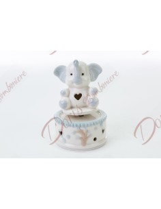 Baby elephant baptism music box favors in white and blue porcelain 9x9x13 cm