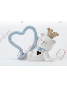 Cheap baptism favors light blue porcelain teddy bear with heart 11.5x4x8h cm 54136