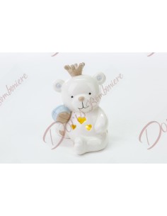Bonbonnière baptême naissance ours en porcelaine coeur avec led bleu clair pour bébé 9x9x11,5 cm