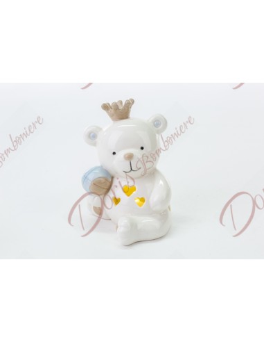 Bomboniere orsetto battesimo nascita in porcellana cuore con led celeste per bimbo cm 9x9x11.5