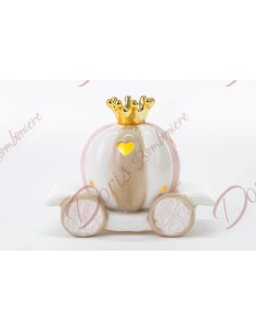 Pink, white and dove gray porcelain led carriage favor with gold crown 12.5x7x10 cm 54143