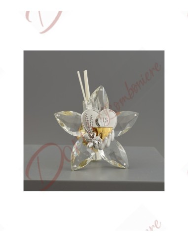 Faveur de parfum première communion sainte fleur en cristal avec plaque d'argent avec symbole 14x15 cm