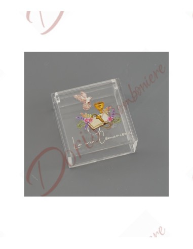 First communion favor box for sugared almonds in plexiglass with sacred symbols and writing 3x6x6 cm