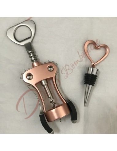 Bomboniere matrimonio utili set cavatappi e tappo bottiglia con cuore  altezza 12 cm con scatola