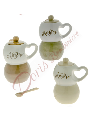Bomboniere matrimonio utili economiche zuccheriera moka caffettiera in ceramica 3 colori assoriti 10.5 cm h