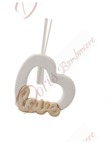 Bomboniere originale utile profumatore cuore con scritta love oro in ceramica cm 12
