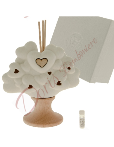 Bomboniere albero della vita profamatore in porcellana bianca e legno con luce a led cm 14x17 mod corazion con cuori