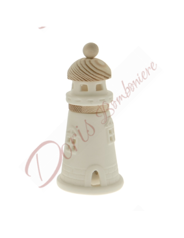 Sea theme favors sea lighthouse in white porcelain and wood led light lamp h 10 cm cheap and original