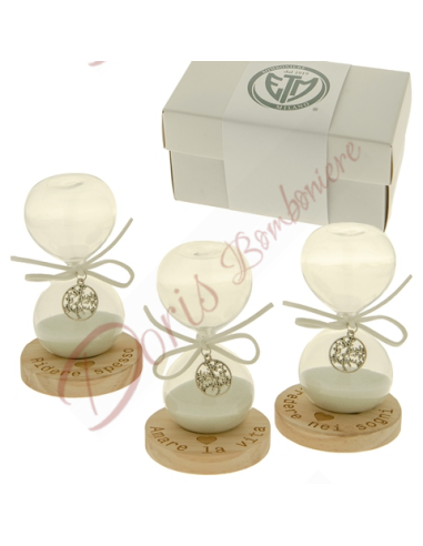 Bonbon sablier avec socle en bois et pendentif arbre de vie phrases 11 cm