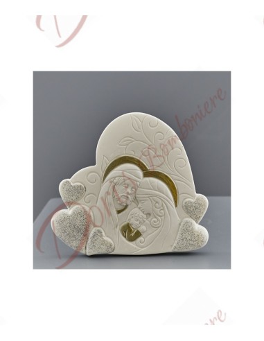 Bomboniera battesimo economica cuore con sacra famiglia 8x7.6 cm