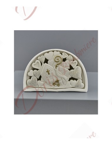 Bomboniere cresima con simbolo sacro cappello vescovo bianco e oro cm 11x5.5x7.5