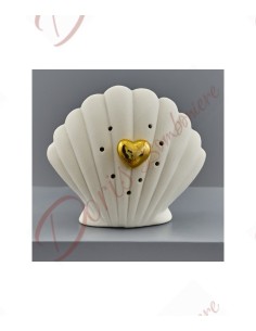 Bomboniera tema mare utile profumatore conchiglia con luce a led in porcellana bianca e cuore oro