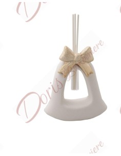 Bomboniera profumatore campana in ceramica bianca con fiocco oro altezza 13 cm