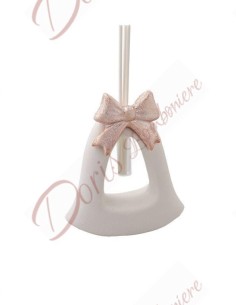 Bomboniere profumatore campanella in ceramica bianca con fiocco oro rosa altezza 13 cm