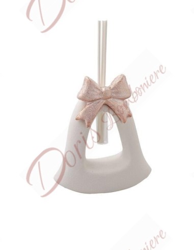 Campanella air freshener favors in white ceramic with rose gold bow, height 13 cm