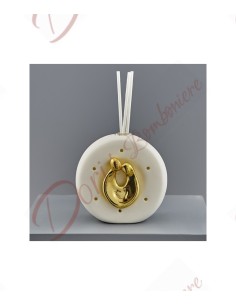 Modern favor perfumer in white ceramic with holy family in shiny gold