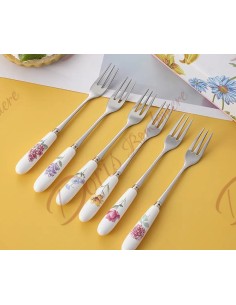 Bomboniere nozze utili set da 6 forchettine da dolce con paletta torta manico in ceramica fiori con scatola 2