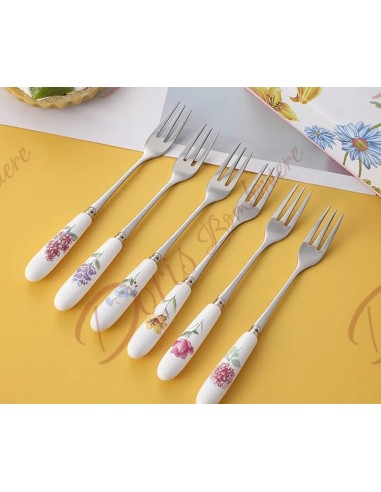 Bomboniere nozze utili set da 6 forchettine da dolce con paletta torta manico in ceramica fiori con scatola