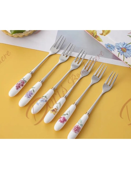 Bomboniere nozze utili set da 6 forchettine da dolce con paletta torta manico in ceramica fiori con scatola Bomboniere nozze utili set da 6 forchettine da dolce con paletta torta manico in ceramica fiori con scatola