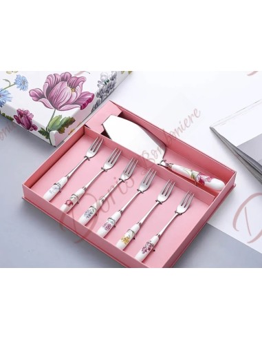 Bomboniere nozze utili set da 6 forchettine da dolce con paletta torta manico in ceramica fiori con scatola