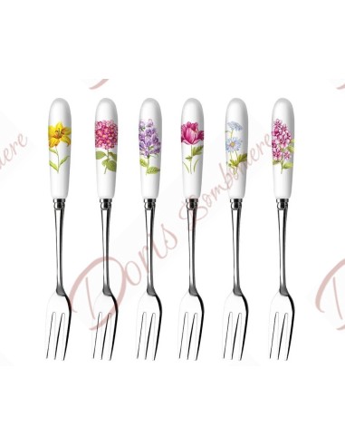 Bomboniere nozze utili set da 6 forchettine da dolce con paletta torta manico in ceramica fiori con scatola