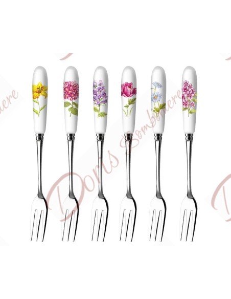 Bomboniere nozze utili set da 6 forchettine da dolce con paletta torta manico in ceramica fiori con scatola Bomboniere nozze utili set da 6 forchettine da dolce con paletta torta manico in ceramica fiori con scatola