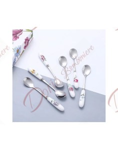 Bomboniere utili da cucina set 6 cucchiaini con manico in ceramica bianco e decorazione fiori colorati con scatola