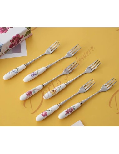 Bomboniere nozze utili da cucina set 6 forchettine per dolce con manico in ceramica fantasia floreale scatola inclusa