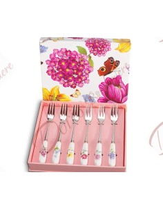 Nützliches Gastgeschenke-Set für die Küche, bestehend aus 6 Dessertgabeln mit floral gemustertem Keramikgriff, inklusive Box