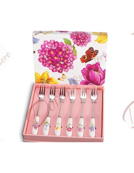 Bomboniere nozze utili da cucina set 6 forchettine per dolce con manico in ceramica fantasia floreale scatola inclusa Bomboniere nozze utili da cucina set 6 forchettine per dolce con manico in ceramica fantasia floreale scatola inclusa