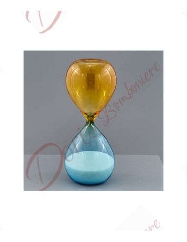 Faveur de mariage sablier double couleur jaune et bleu 30 minutes hauteur 21 cm en verre