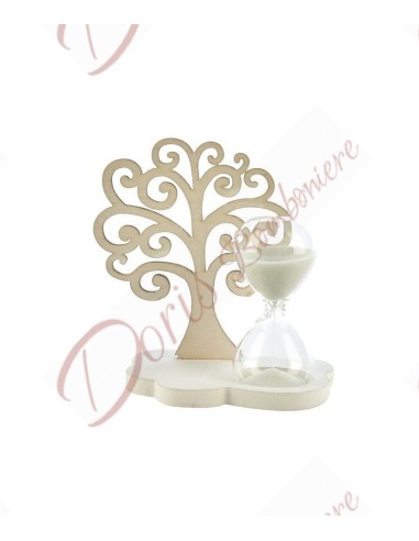 Sanduhr-Hochzeitsbevorzugungen aus weißem Sand mit Lebensbaum aus Holz cm 13