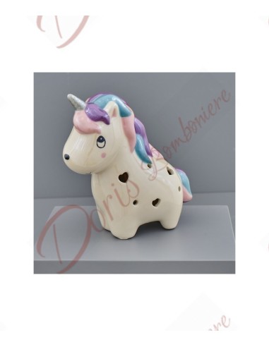 Bomboniera unicorno in piedi luce a led per battesimo comunione cresima bimba in porcellana lucida