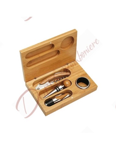 Bomboniere utili per matrimonio gadget cofanetto in legno con set accessori bottiglie 4 pezzi