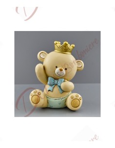 Baptême garçon faveurs 2023 ours prince ours en peluche avec couronne et noeud bleu tirelire 11 cm