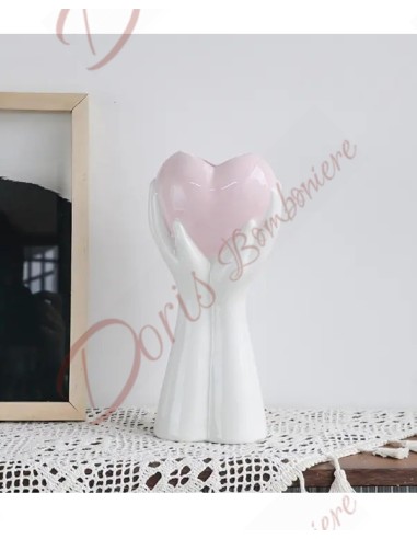 Bomboniere matrimonio vaso centrotavola mani in porcellana bianca con cuore porcellana rosa