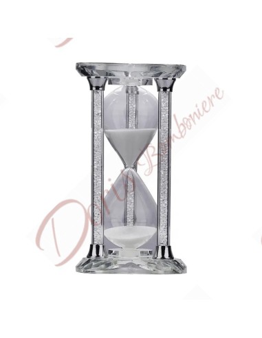 White sand glass hourglass wedding favors with crystal parts with heart-shaped bases