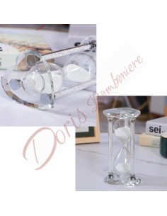 White sand glass hourglass wedding favors with crystal parts with heart-shaped bases