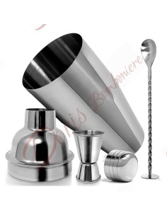 Bomboniere tema cocktail per matrimonio set accessori in acciaio inox e base in legno 2