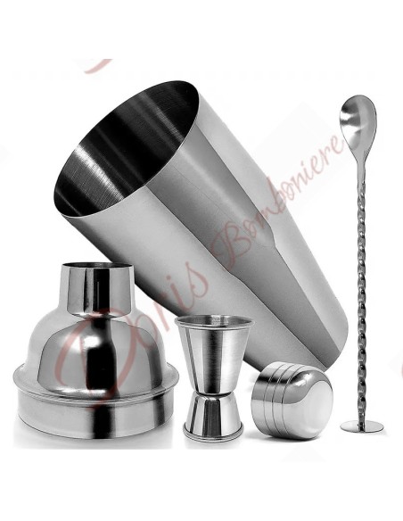 Bomboniere tema cocktail per matrimonio set accessori in acciaio inox e base in legno Bomboniere tema cocktail per matrimonio set accessori in acciaio inox e base in legno
