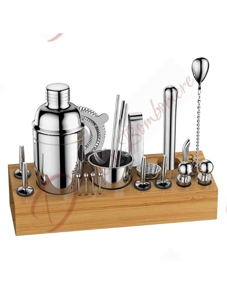 Bomboniere tema cocktail per matrimonio set accessori in acciaio inox e base in legno Bomboniere tema cocktail per matrimonio set accessori in acciaio inox e base in legno