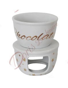 Bomboniere nozze tema cioccolato fonduta per cioccolata calda in ceramica bianca e stelle scritta oro