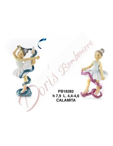 Bomboniere ballerina con nastro rosa e blu calamita magnete 7.9 cm altezza in resina