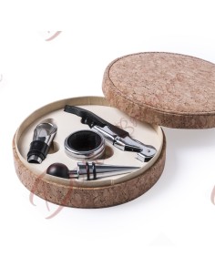 Bomboniere articolo regalo gadget set vino 4 pezzi con scatola tonda in sughero 2